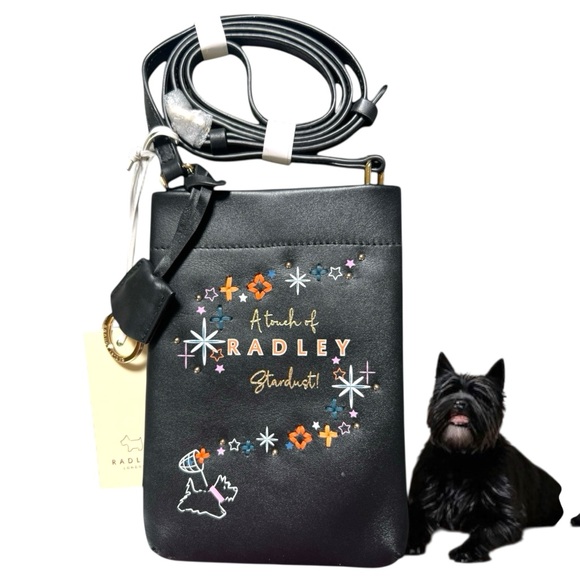 Radley London Stardust Black Leather Crossbody Bag Scotty Dog Stitchery, Studs - Picture 1 of 6